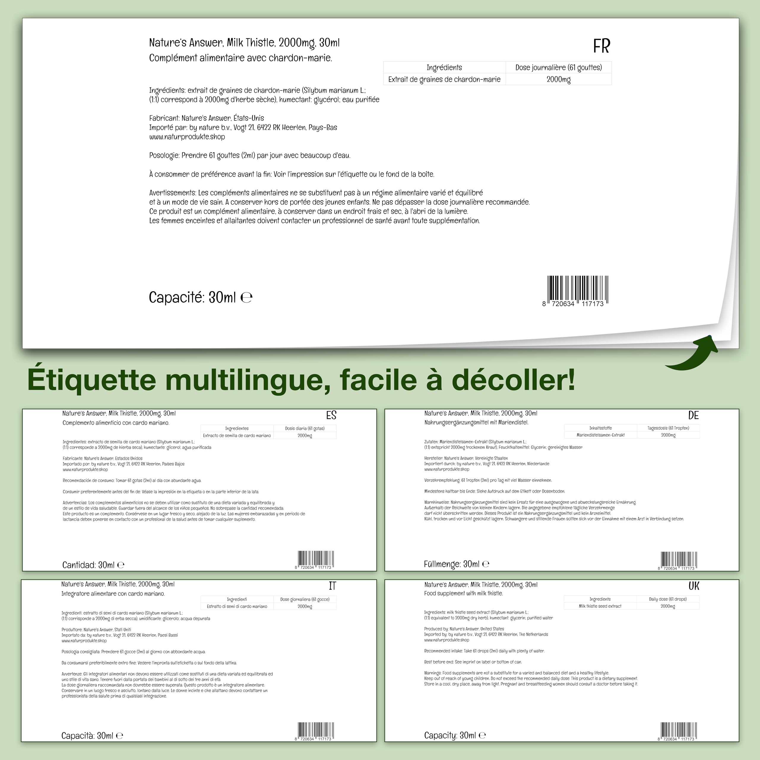Nature's Answer, Milk Thistle Extract (Extrait de Graines de Chardon-Marie), Gouttes végétaliennes, 30ml, Sans Soja, Sans Gluten, Végétarien, Sans OGM