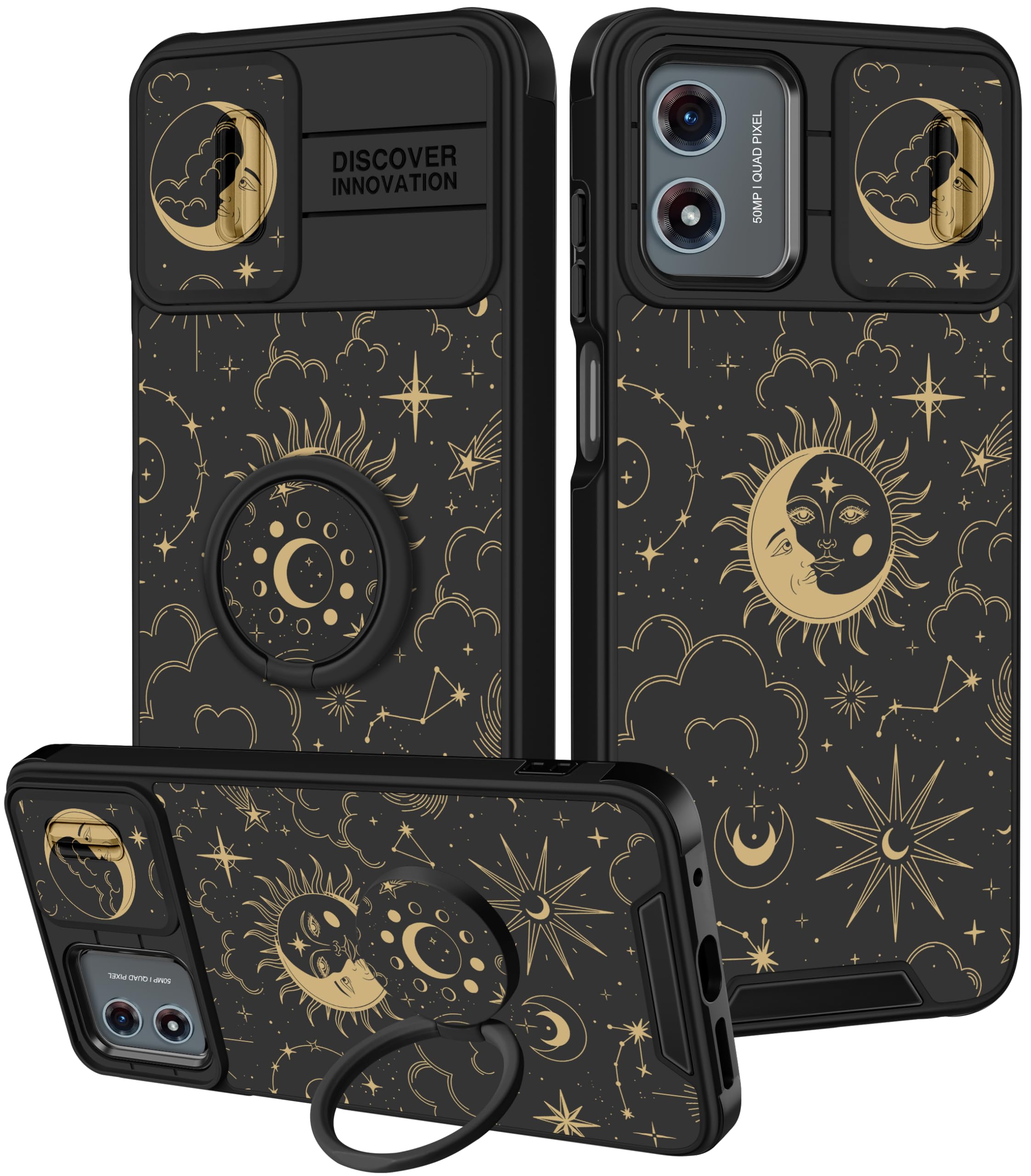 Funermei for Moto G Play 4G 2024 Case - Women Girls Cute Phone Cover Girly Pretty Aesthetic Stars Sun Moon Unique Design with Camera Cover and Ring