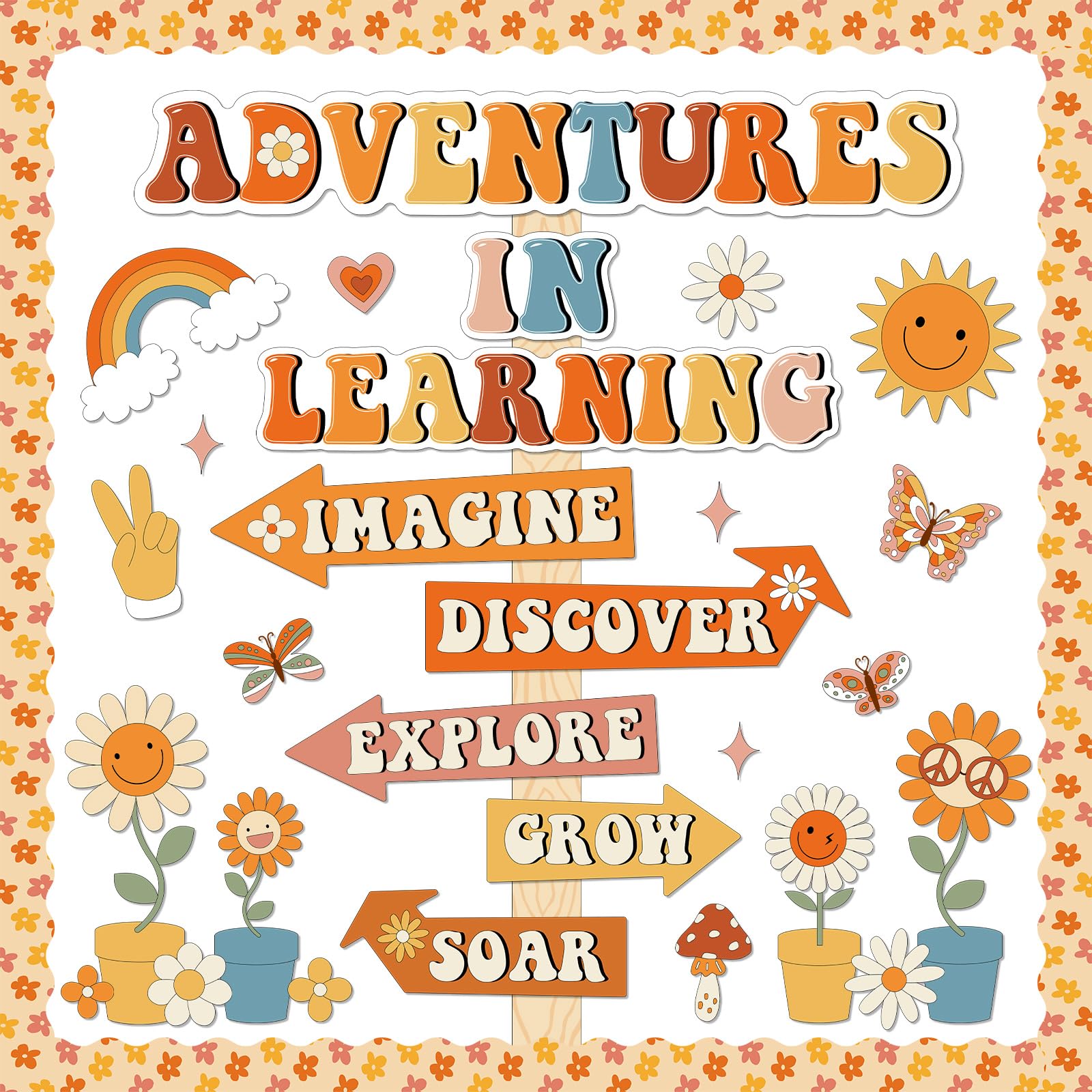 party greeting Groovy Retro Bulletin Board Classroom Decorations Adventures in Reading Retro Hippie Daisy Paper Cutouts Supplies for Back to School