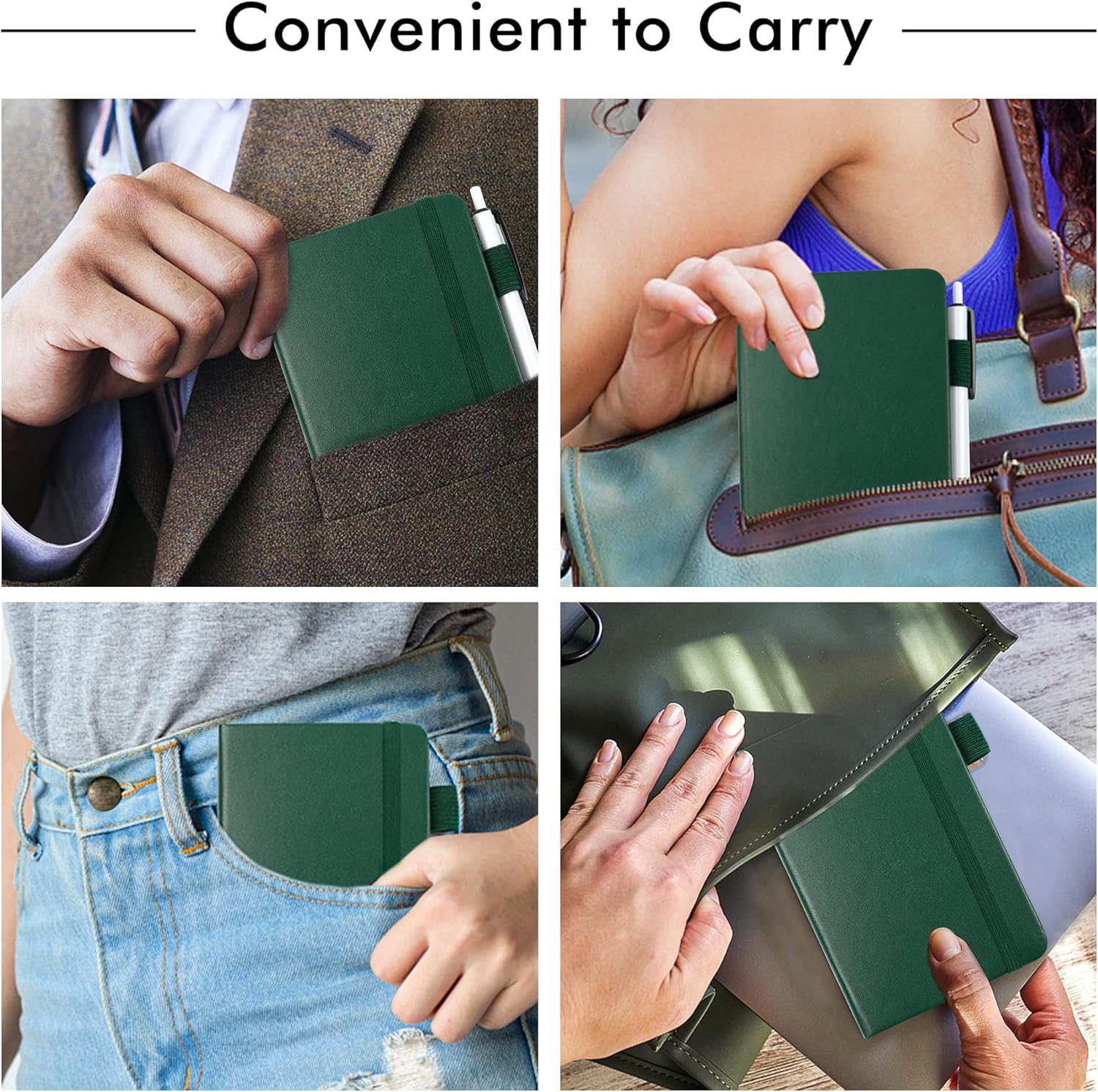 15 Pack Pocket Small Notebooks Bulk, Feela Mini Cute Notepads Hardcover College Ruled Lined Journals with Pen Holder for School Business Memos, with 15 Black Pens, 3.5”x 5.5”, A6, Dark Green