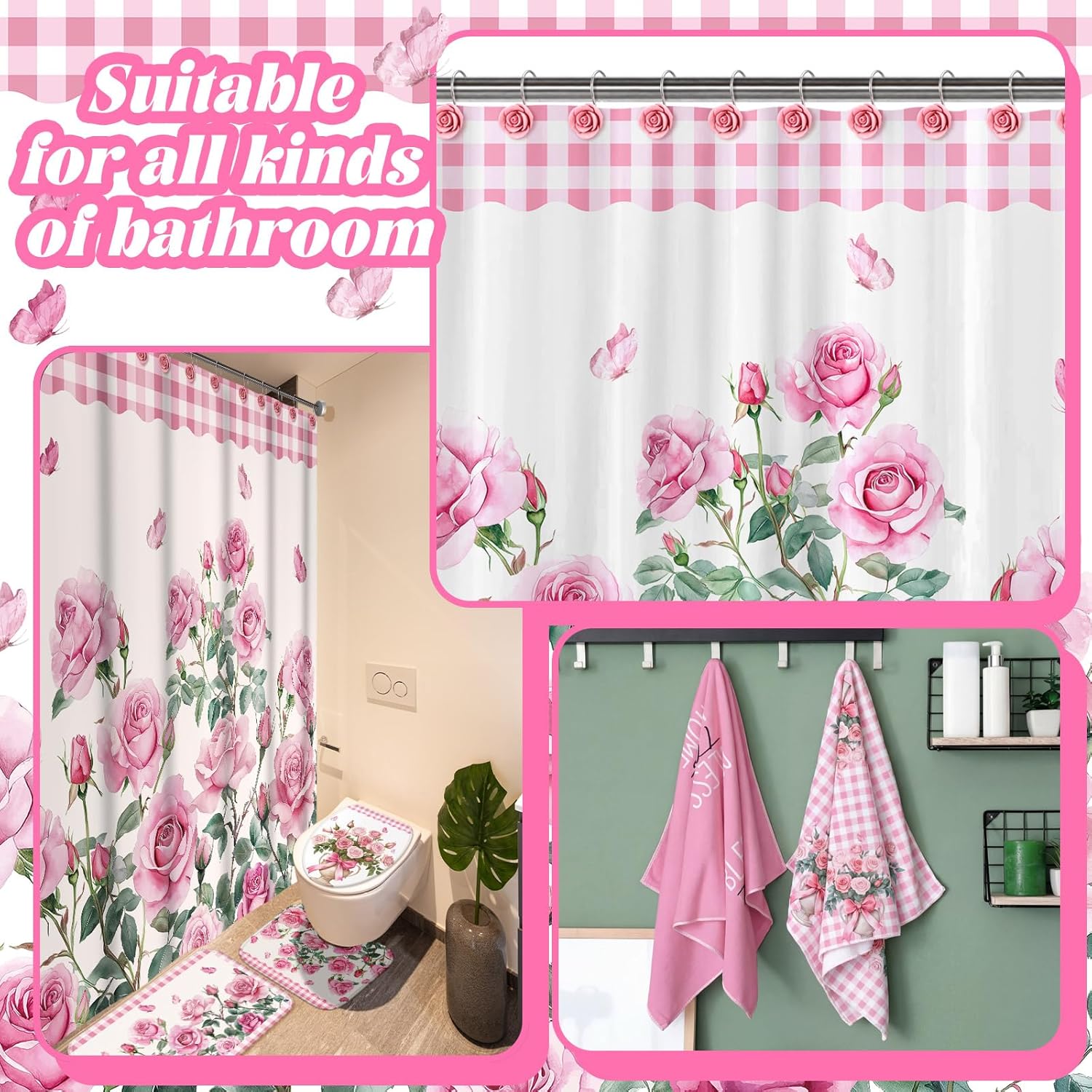 Peryiter 20 Pcs Pink Rose Bathroom Decor Floral Shower Curtain with 12 Rose Hooks 4 Bath Towels 1 Non-slip Rugs U-shaped Toilet Mat & Cover Pink Plaid Edge Bath Accessories Set for Home Bathroom Decor