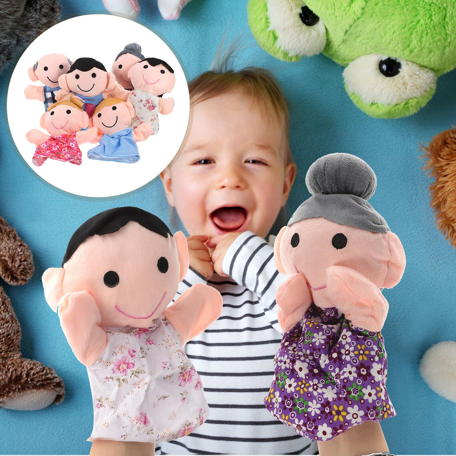 Set 6 Burattini da Mano Famiglia per Piccoli, Marionette Tessuto Leggero Personaggi Nonno Mamma Papà Figlio, Giocattoli Interattivi per Spettacoli e Racconti Educativi