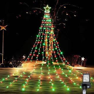BlcTec Outdoor Christmas Decorations 317 LEDs Christmas Lights with 9 Strands 11.9ft Waterfall Christmas Tree Lights, 8 Modes, Waterproof, Topper Star & Timer for Yard Patio Xmas Décor, Red Green