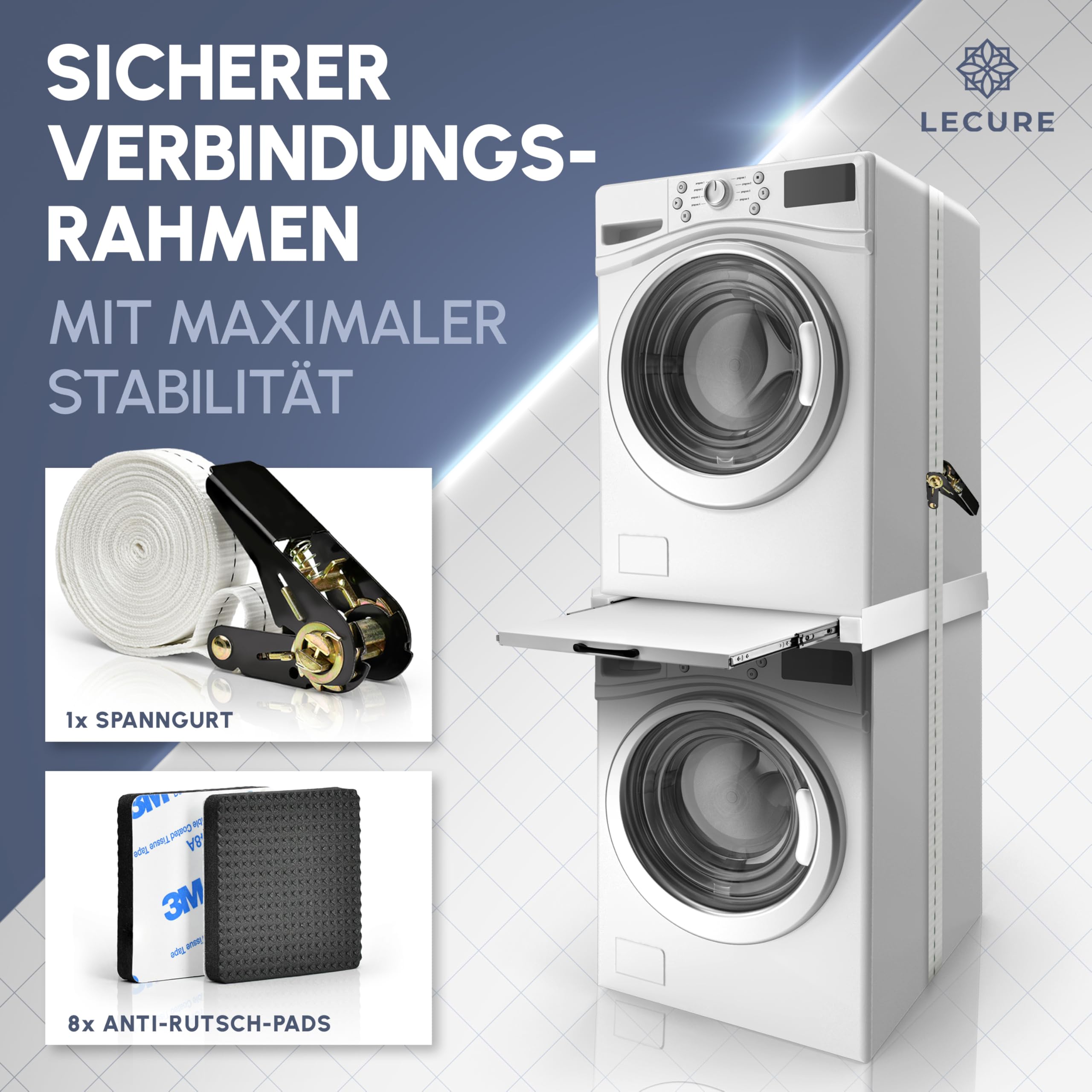 Waschmaschinen-Verbindungsrahmen [60x60cm] - Universal einsetzbarer Zwischenbaurahmen zur Verbindung von Waschmaschine und Trockner - Inkl. Ausziehplatte