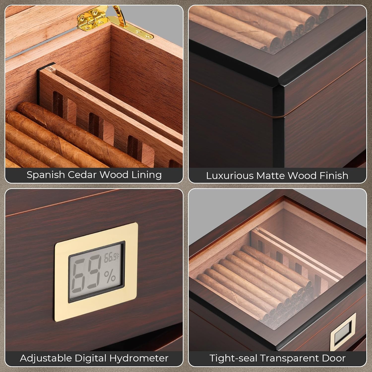 GLENCREAG MMT-3041 Cigar Humidor Box for 55 Counts, See-Through Design with Spanish Cedar Lining & Divider, Digital Hygrometer, Accessory Drawer & Humidifier, Gift for Cigar Aficionado