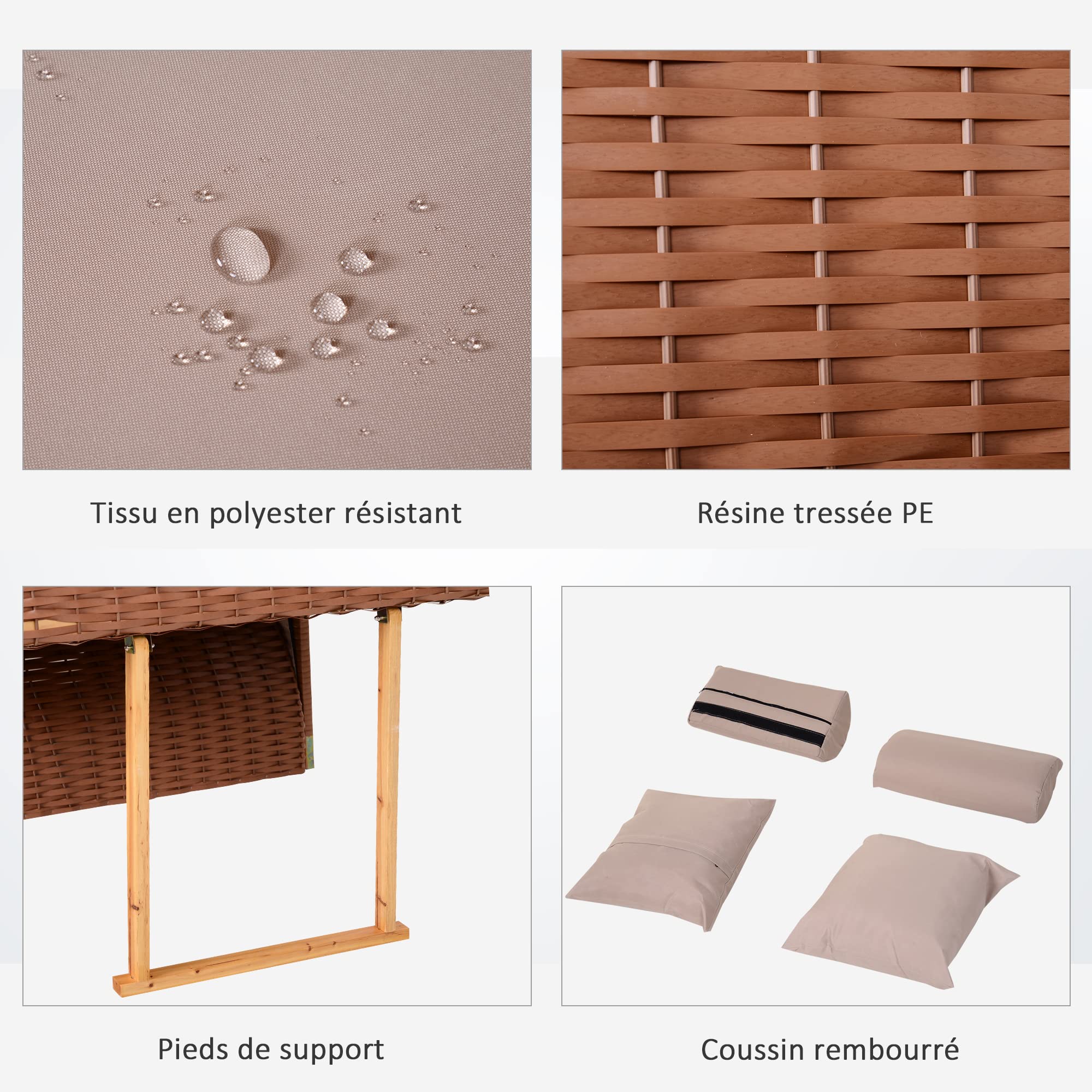 Outsunny Corbeille de Plage 2 Places - Cabine Chaise de Plage inclinable - abri Plage strandkorb - Coussins, Repose-Pieds, tablettes, Pare-Soleil - Bois résine tressée Polyester Taupe