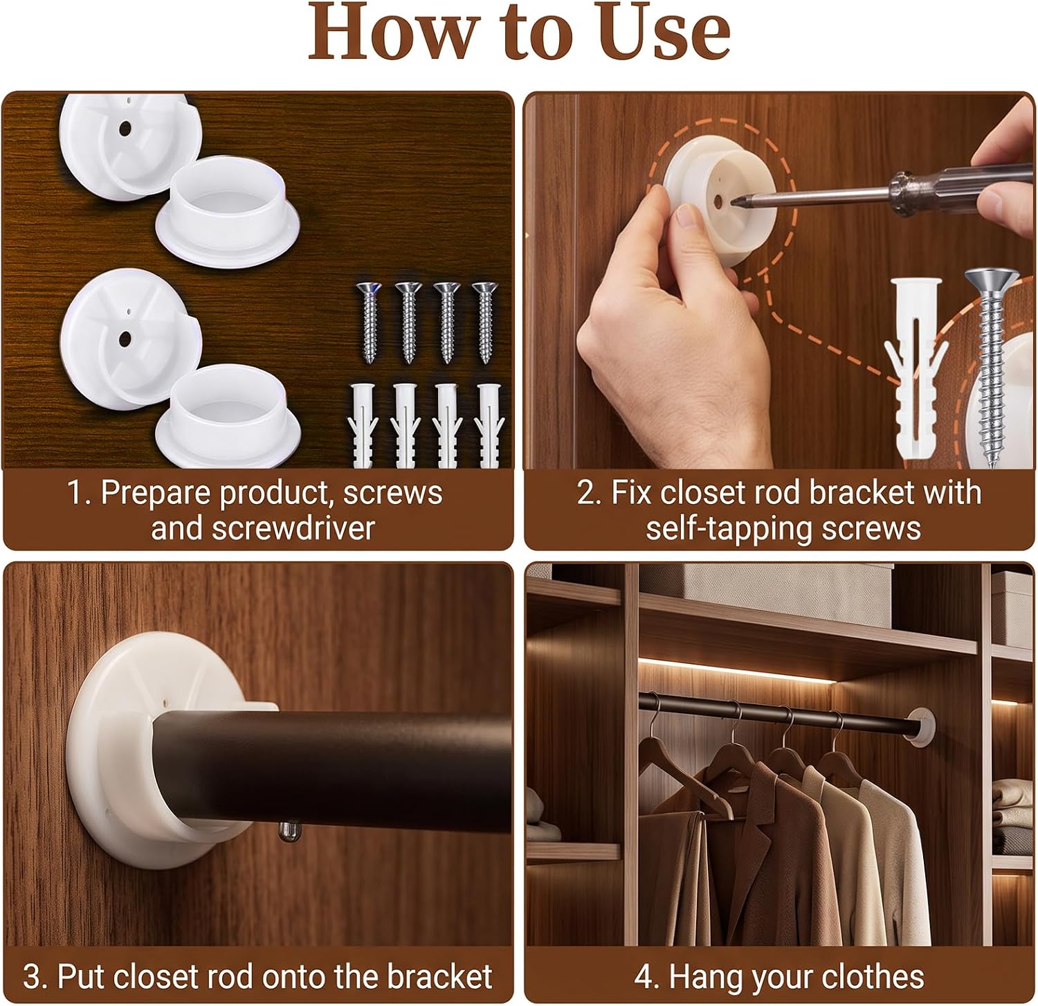 Closet Rod Holders, Plastic Rod Brackets for 1-3/8 Inch Closet Rod 4 Pack