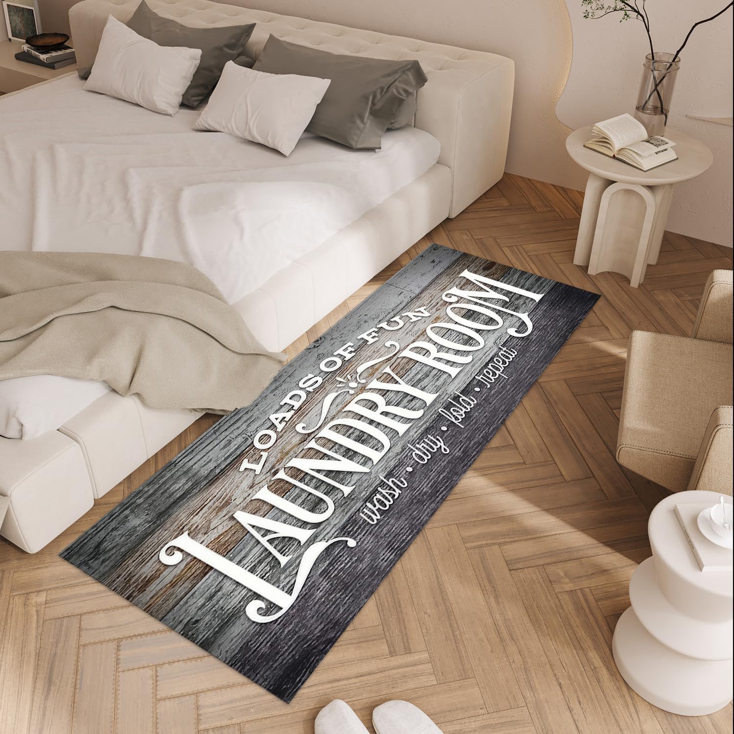 ANNA QUEEN Laundry Room Rug 20x47 Inch – Loads of Fun Rustic Wood Style Non Slip Runner Mat for Laundry Room, Kitchen, Entryway and Hallway Decor