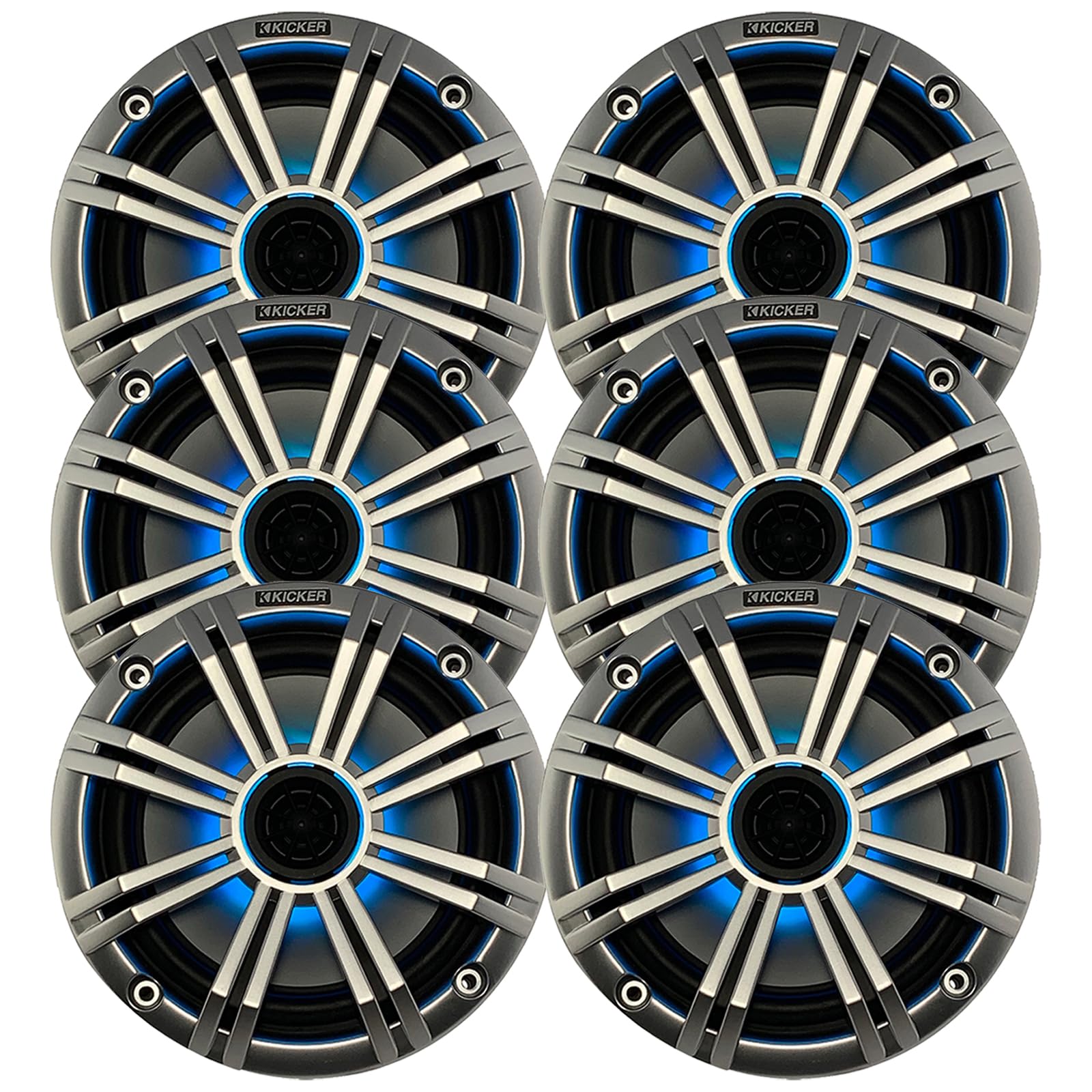 KICKER 6.5" 195 Watt Peak Power Marine OEM Replacement RGB Multicolor LED Boat Audio Speakers (Qty 6) with Silver Grilles