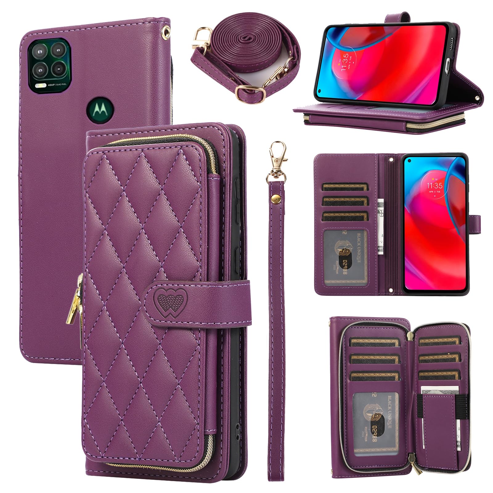 Furiet Argyle Wallet Case for Moto G Stylus 5G 2021 with Wrist Strap Shoulder Strap, 9+ Card Slots Zipper Purse, Luxury PU Leather Stand Phone Cover for Motorola GStylus G5 XT2131DL Women Deep Purple