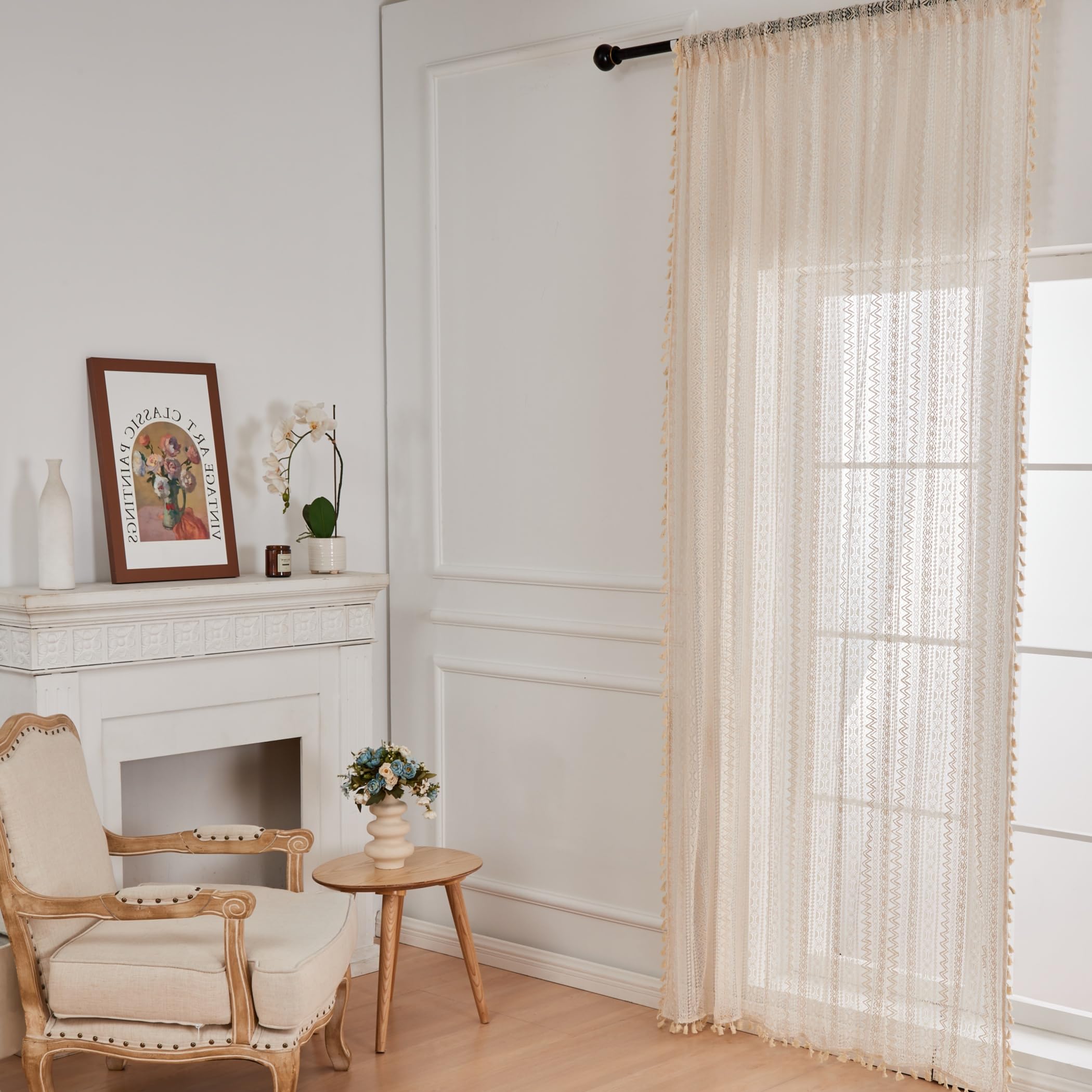 USTIDE Beige Wave Crochet Curtain 1 Panel Farmhouse Sheer Curtain with Tassels 150x160cm, W 59.1" x L 63" (1 Panels) - Image 4