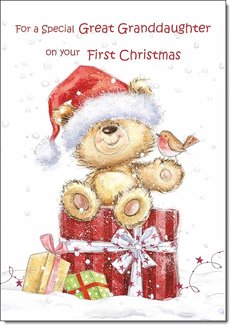 doodlecards Great Granddaughters First Christmas Card Cute Bear on Parcel Medium Size with Plain Red Envelope