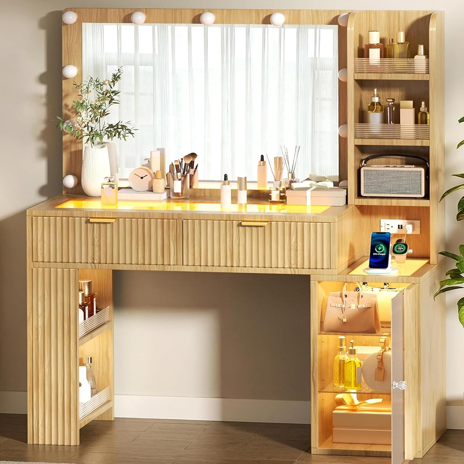 47” Fluted Wood Vanity with Large 37’’ Mirror and RGB Lights, Makeup Vanity Desk with Glass Top & 2 Lighted Drawers & Acrylic Cabinet & 5 Shelves, Woman Vanity with Charging Station, Classic Oak