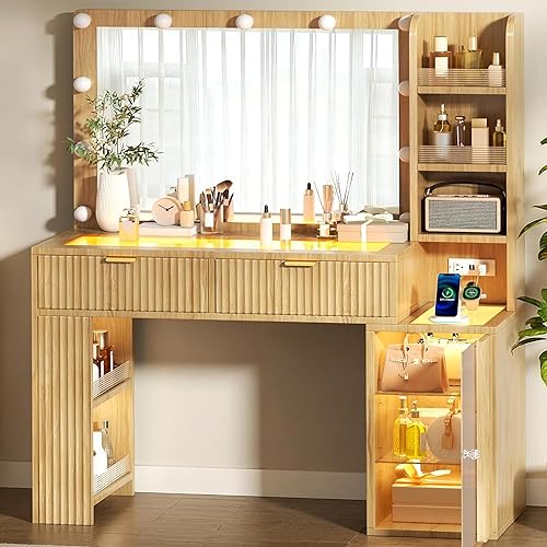 47” Fluted Wood Vanity with Large 37’’ Mirror and RGB Lights, Makeup Vanity Desk with Tempered Glass Top & 2 Lighted Drawers & Acrylic Cabinet & 5 Shelves, Woman Vanity with Charging Station, Oak