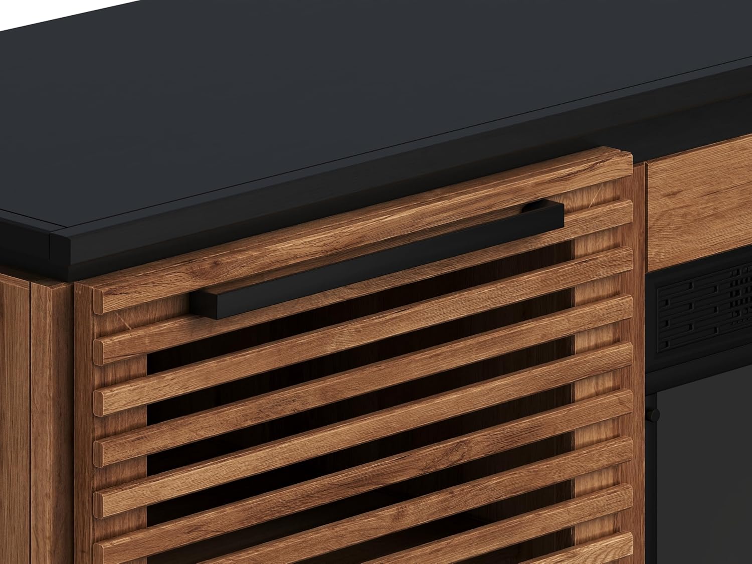 Bridgevine Home Graceland 69 inch Electric Fireplace TV Stand Entertainment Center, Accommodates TVs up to 80 inches, Easy Set Up, Solid Wood, Modern Slat Details, Bourbon Brown and Black Finish