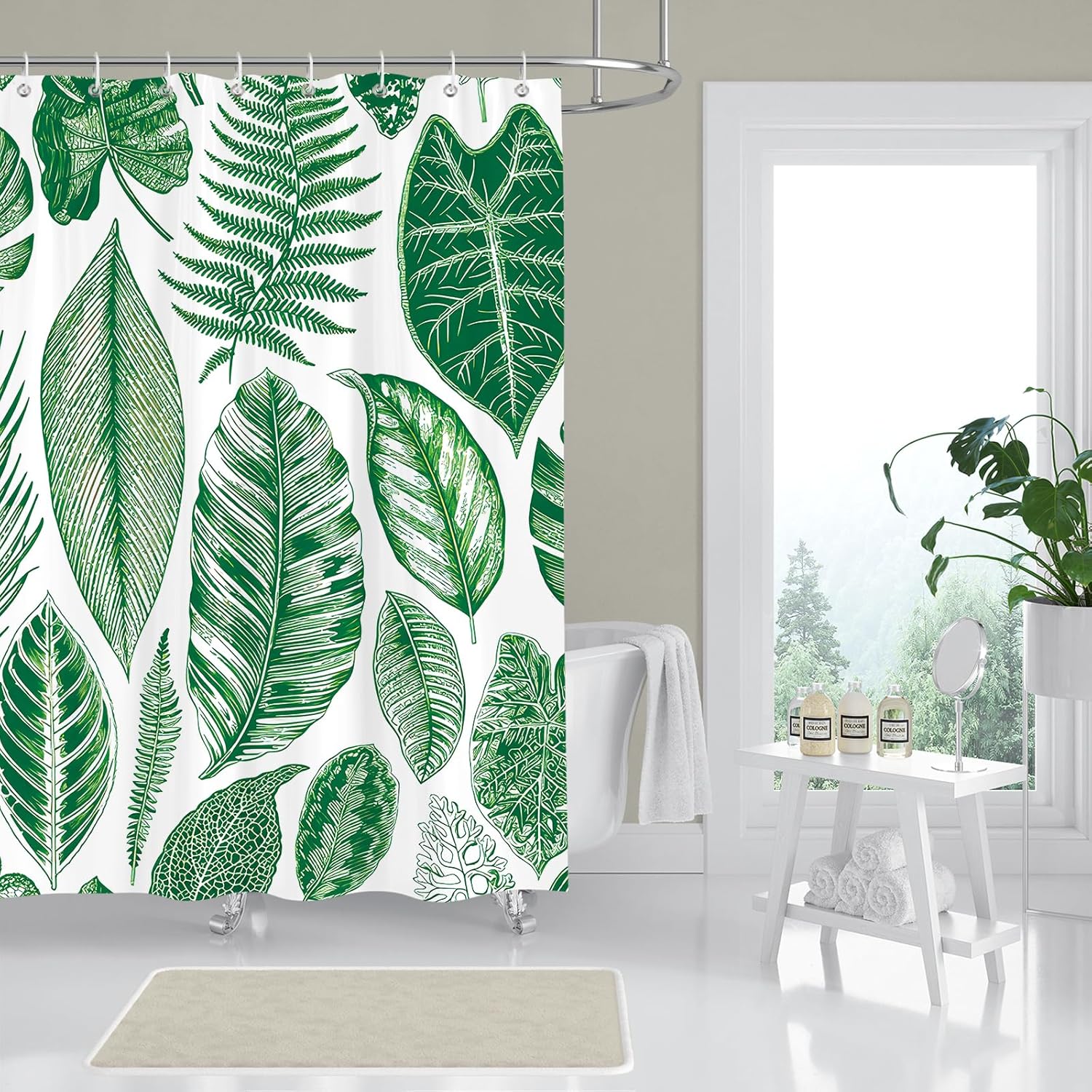 Tropical Leaves Shower Curtain,Green Palm Monstera Leaf Waterproof Polyester Fabric Bathroom Curtain with 12 Hooks,Spring Summer Decor,78 x 72 inch