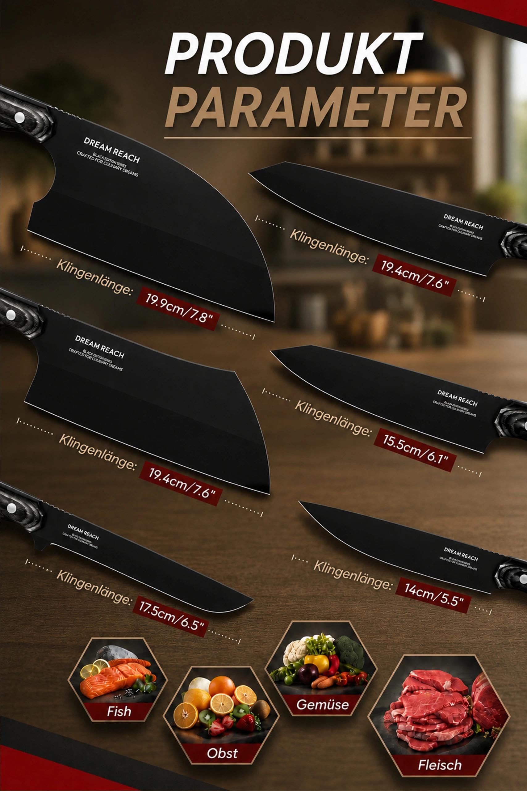 Dream Reach Cuchillos de Cocina, Juego de Cuchillos de Chef 6 Piezas Acero Inoxidable con un Afilador y Estuche para Carne, Verduras, Barbacoa y Exterior