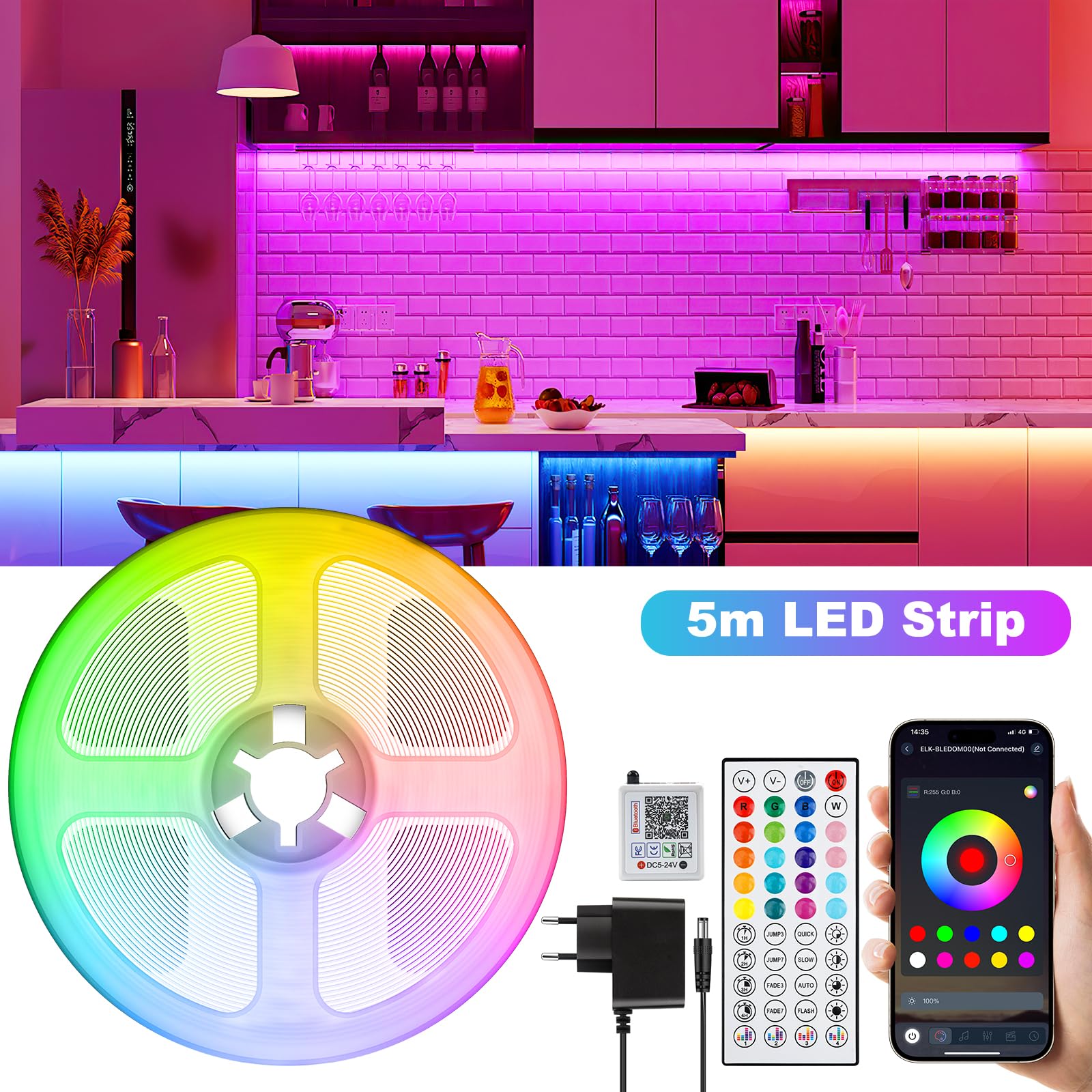 Striscia LED Striscia LED COB 5m, Nastro LED con Telecomando e App e Sincronizzazione Musica, Striscia LED Dimmerabile Autoadesiva 24V, Illuminazione TV LED 36W Molto Luminosa per Cucina, Soggiorno