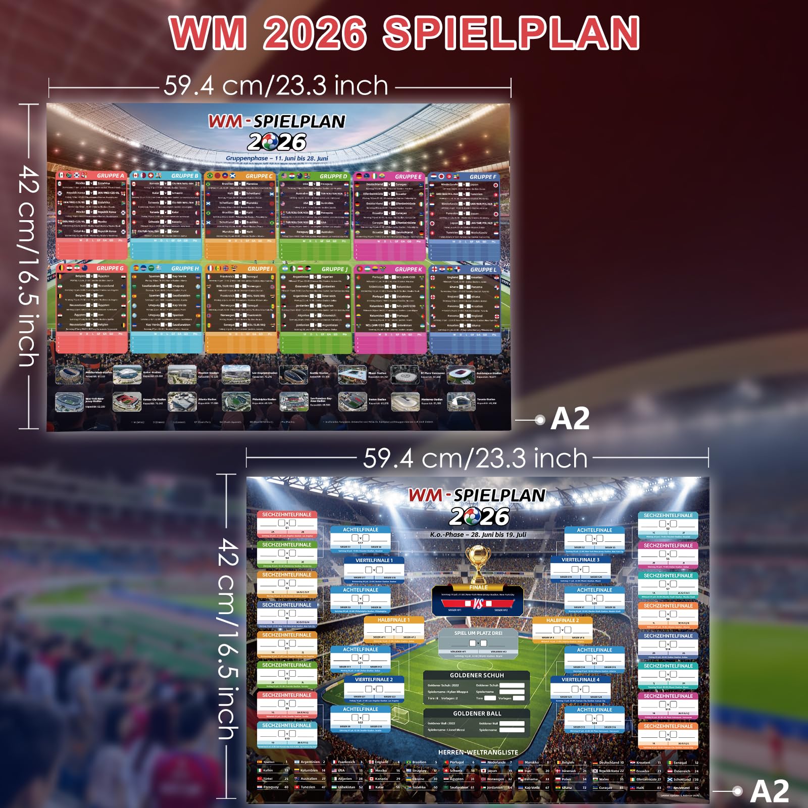 AhfuLife Fußball Spielplan 2026 Poster für Deko WM Fußball Party - Wiederverwendbar Fussball Planer - Enthält 48 Mannschaften Gruppen Knockout und Finale alle Ergebnisse der Spiele (A2 - Gefaltet) - 2