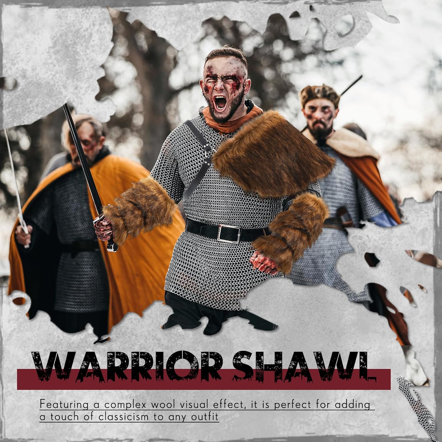 Geyoga 3 Pieces Halloween Mens Viking Costume Medieval Faux Fur Shoulder Armor Arm Cuff Cloak - Image 6