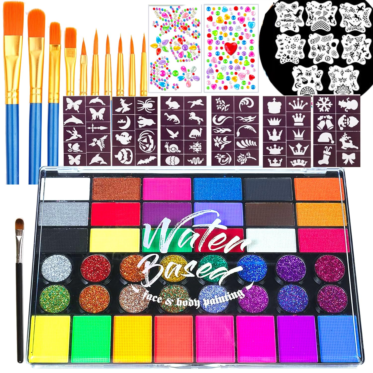 Face Painting Kit for Kids, 42 color Professional Palette Washable Face Paint Kit with Stencils, Brush, Gems, for Carnival, Art Show Halloween Party Colsplay Makeup Body Festive Companionship Gifts