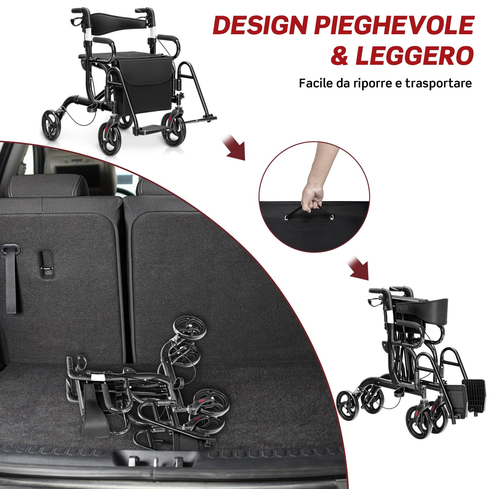 RELAX4LIFE 2 in 1 Deambulatore per Anziani, Sedia a Rotelle, Deambulatore con Seduta e 4 Ruote, Rollator Pieghevole in Alluminio Leggero, Portata Massima 160KG (Nero, 105 x 63 x 87-99 cm)