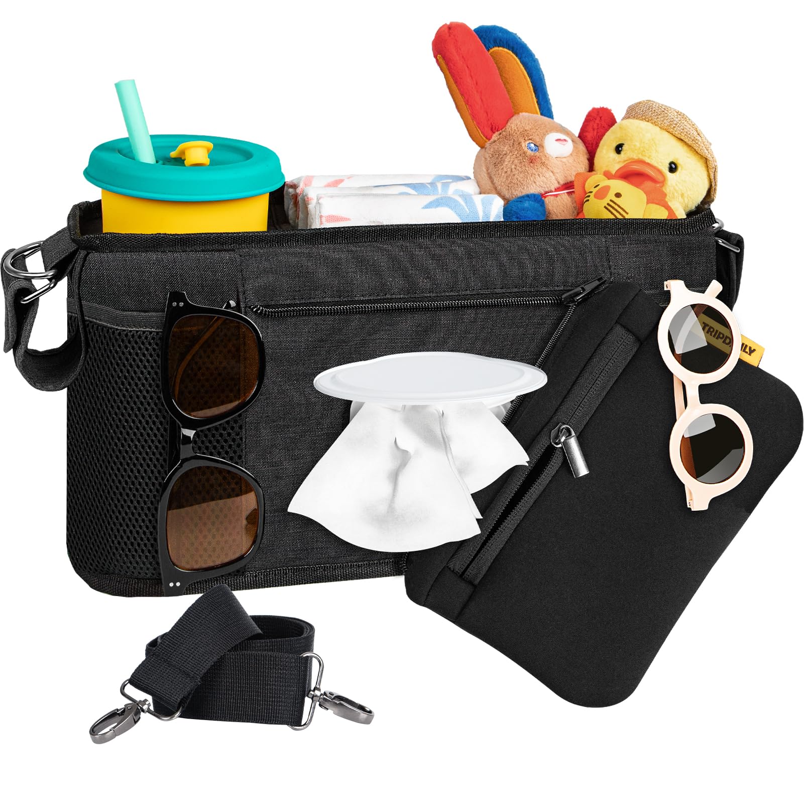 Boffinby Parent Console Fits for Wonderfold W2&X2, Wagon Stroller Organizer with 2 Insulated Cup Holders, Multiple Storage Pockets, Detachable Pouch,