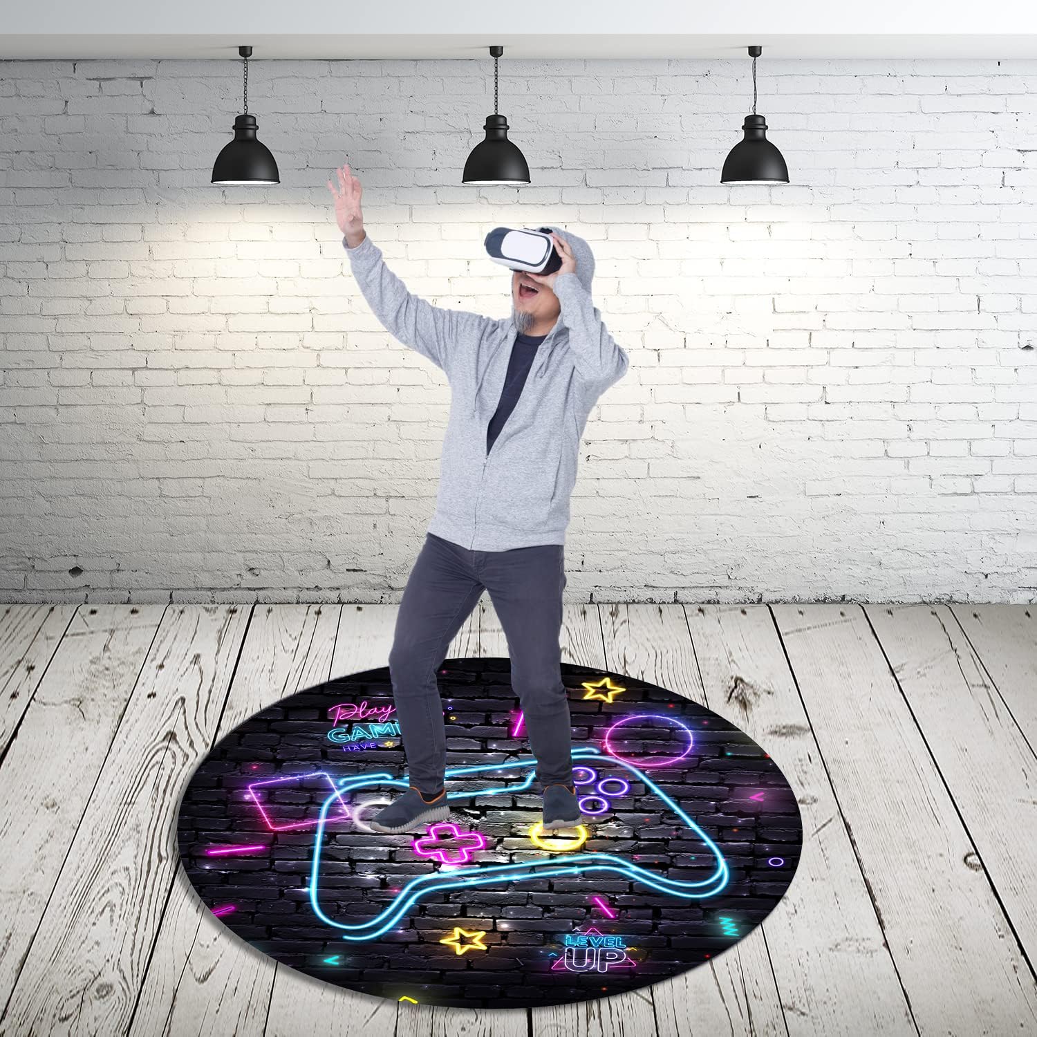 Blue Purple Gaming Chair Mat for Hardwood Floor Anti-Slip, Brick Wall Neon Graffiti Gamer Round Office Computer Carpet for Teen Bedroom Decor, Office Gaming Room, Round 47"