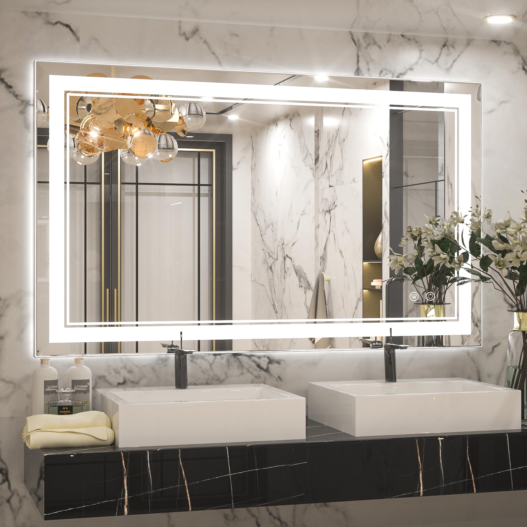 Keonjinn LED Bathroom Mirror with Lights, 40 x 24 Inch Front Lighted Vanity Mirror, HD Tempered Glass, UL-Listed LED Driver, Anti-Fog, 6000K Dimmale, Memory Function, Easy Installation