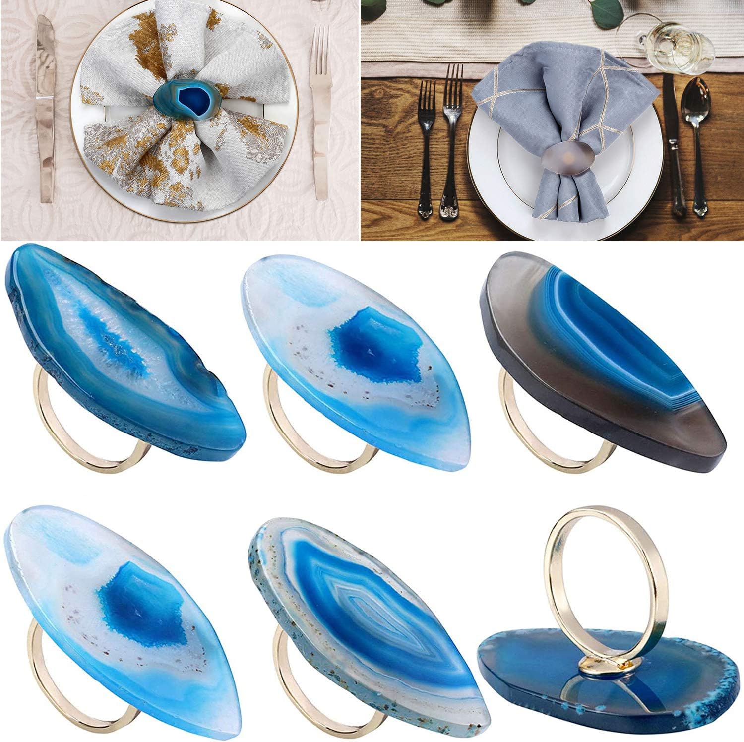 Mornajina Natural Agate Napkin Rings Set of 6 Gold Napkin Ring Holders for Christmas Thanksgiving Parties, Wedding Adornment, Dinner Table Decoration (Blue) : Everything Else