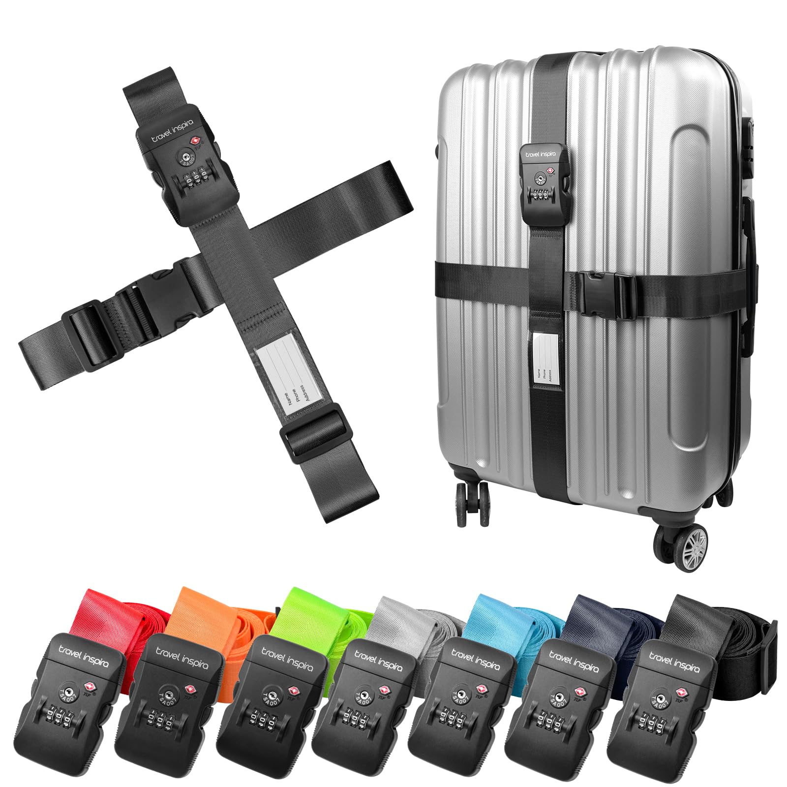 Travel Inspira Cintura antifurto per valigie con serratura TSA | Nylon resistente; serratura approvata TSA con etichetta; regolabile 103-200 cm; cinturino nero sicuro; borse da 20-28 pollici