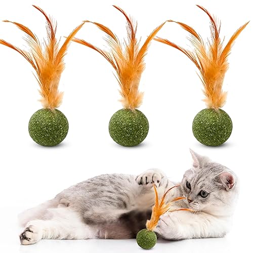 ALLPAWZLOVE 3 Pcs Catnip Balls with Feathers – Natural Catnip Toy for Play, Stress Relief & Healthy Enrichment Interactive Cat Toys Perfect for Indoor Cats & Kittens, Encourages Active Play & Wellness