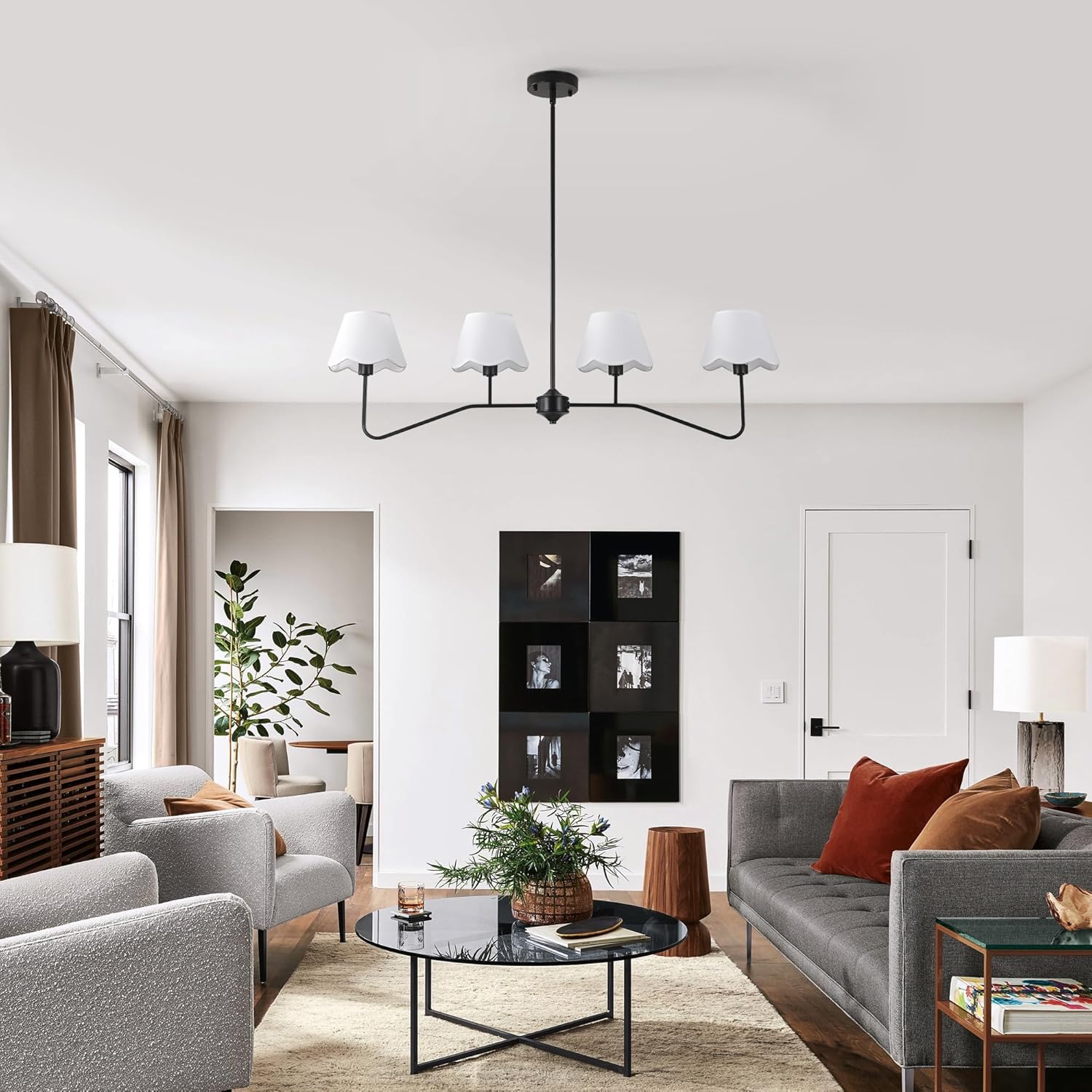 39 Linear Kitchen Island Lighting Fixture,4-Light Black Farmhouse Chandelier with White Fabric Shade, Black Light Fixture for Dining Room Kitchen Island Living Room Bar.E12.