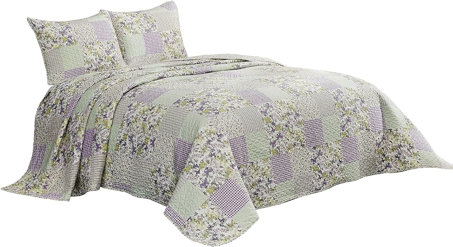 Chezmoi Collection Daisy 3-Piece Printed Patchwork Quilt Set - Purple Butterfly Botanical Candy Stripe Checkered Coverlet - Pre-Washed Microfiber Lightweight Reversible Bedspread, King Size - Image 8