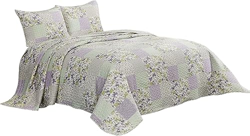 Miniatura 8 de Chezmoi Collection Daisy - Juego de edredón de 3 piezas con estampado de retazos  Colcha reversible ligera de microfibra prelavada, tamaño Queen