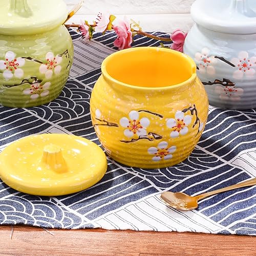 Miniatura 3 de Tarro de especias de cerámica de estilo japonés con tapa y cuchara de acero inoxidable - Bonito diseño de conejo, almacenamiento hermético de