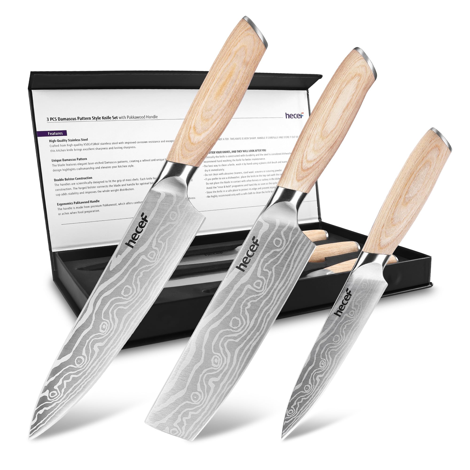 hecef 3-Piece Chef Knife Set with Double Bolster – High-Carbon Stainless Steel, Primary Color Pakkawood Handle, Razor Sharp Blades for Kitchen & Culinary Use