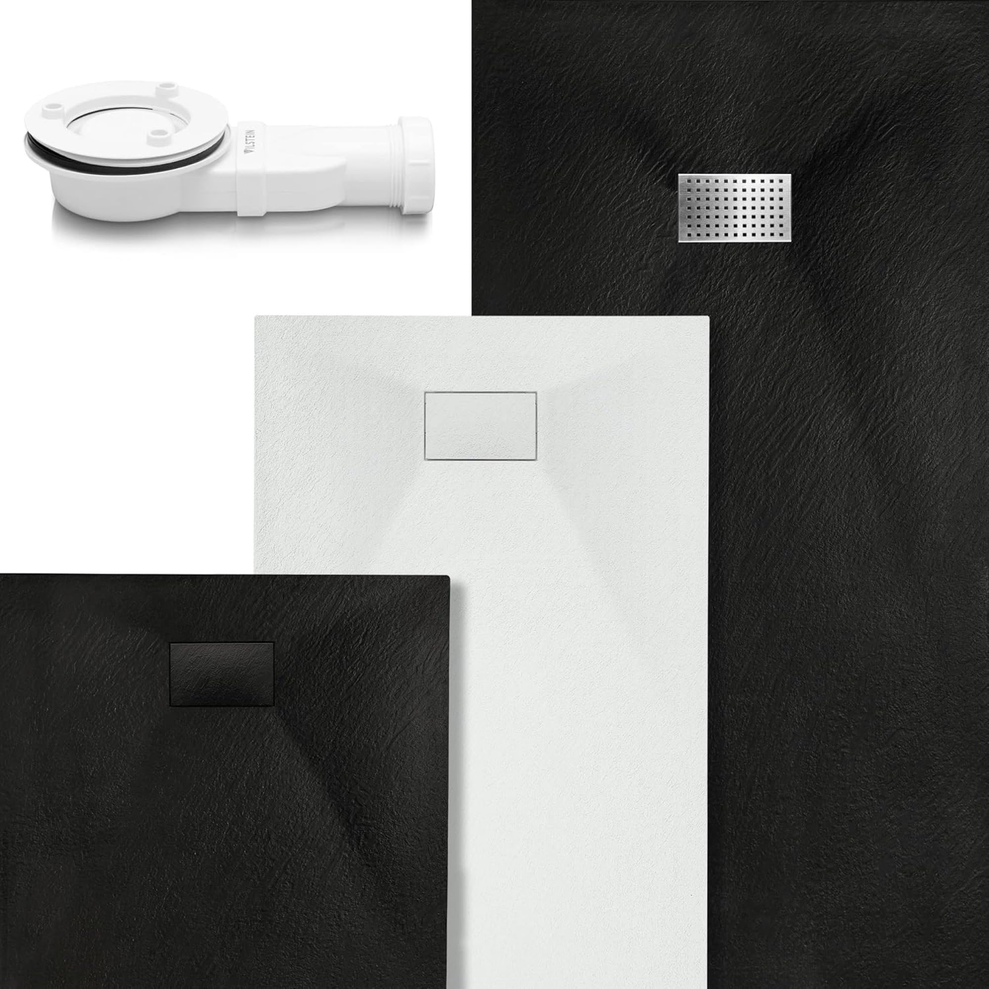 VILSTEIN Plato de ducha de 120 x 70 cm, aspecto de piedra, aspecto de pizarra, plato de ducha de diseño, plano, antideslizante, negro, incluye cubierta estándar