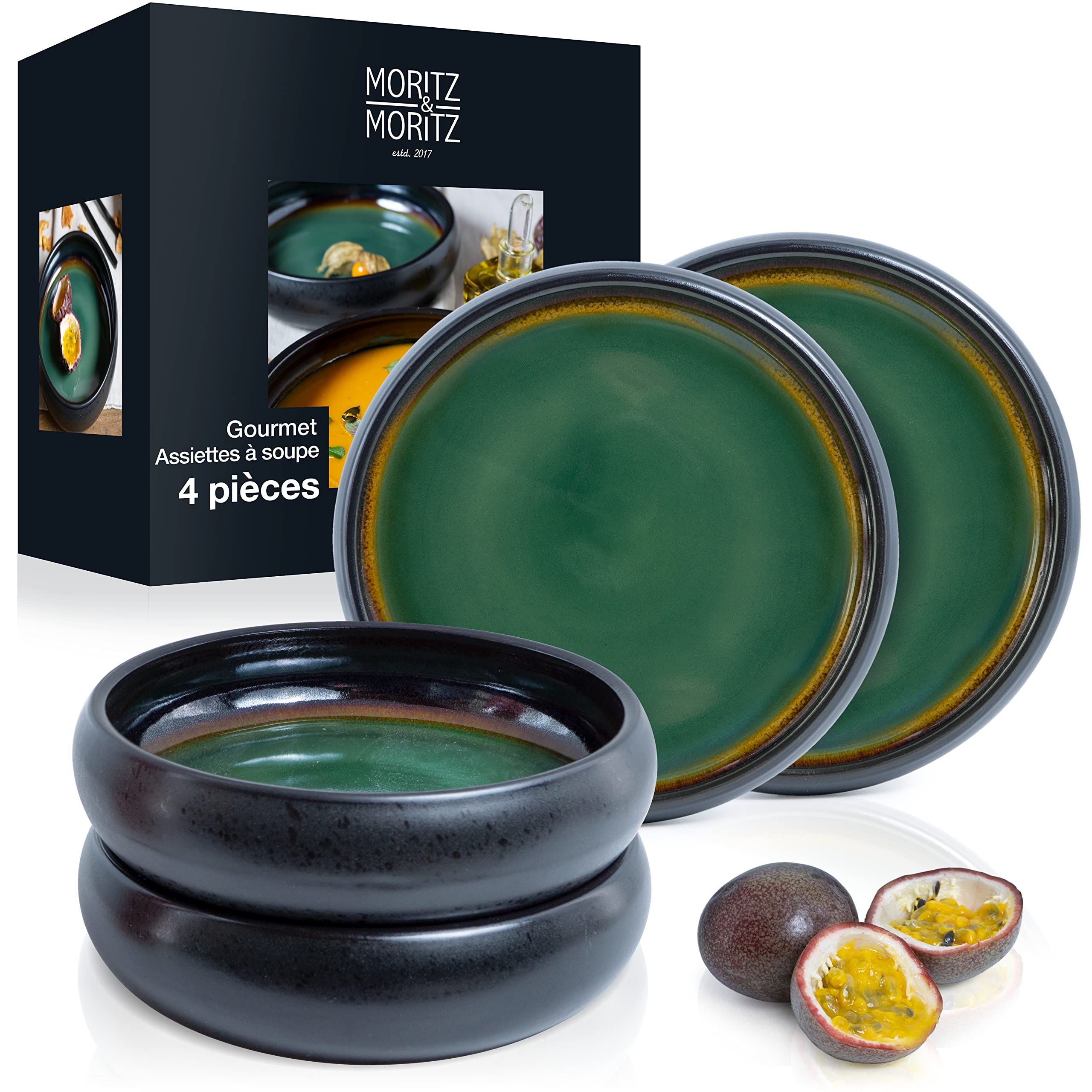 Moritz & Moritz SOLID Lot de 4 assiettes creuses en grès 19 cm – Ideal pour soupe, pâtes, salade ou céréales – Assiettes