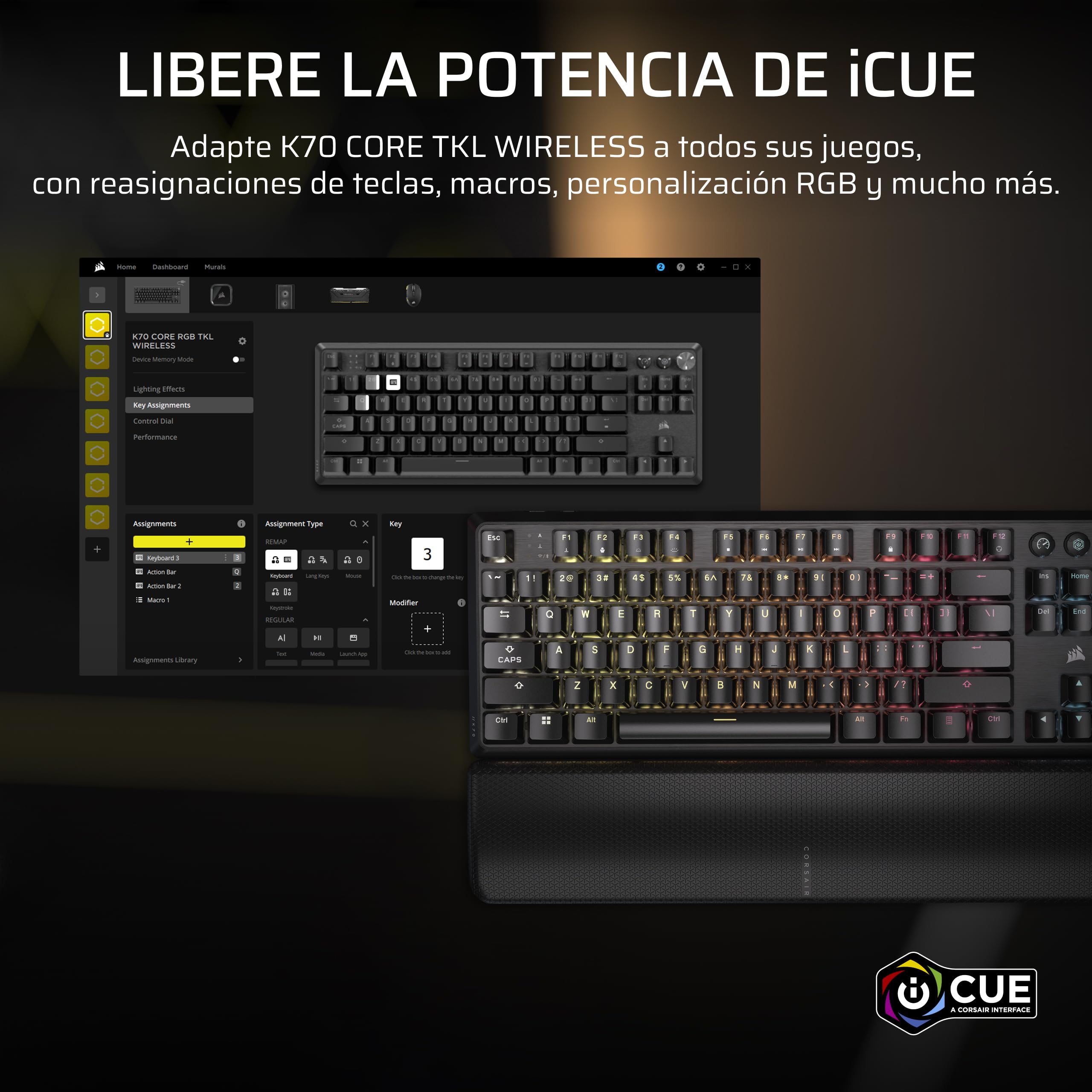 Corsair K70 Core TKL Wireless RGB Teclado Tenkeyless para Juegos – Negro | QWERTY ES, Mecánico, Interruptores Lineales CORSAIR MLX Red v2 Prelubricados, SOCD, Amortiguación Acústica, Tapas de ABS