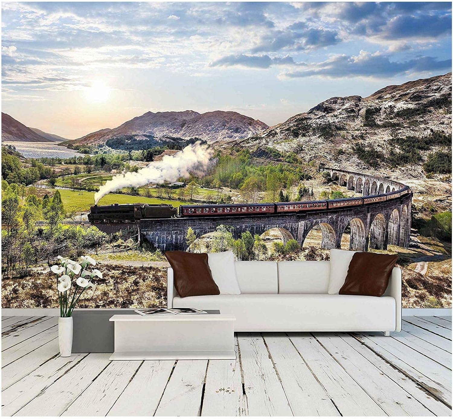 wall26 - Glenfinnan Railway Viaduct in Scotland with The Jacobite Steam Train Against Sunset Over Lake - Removable Wall Mural | Self-Adhesive Large Wallpaper - 66x96 inches