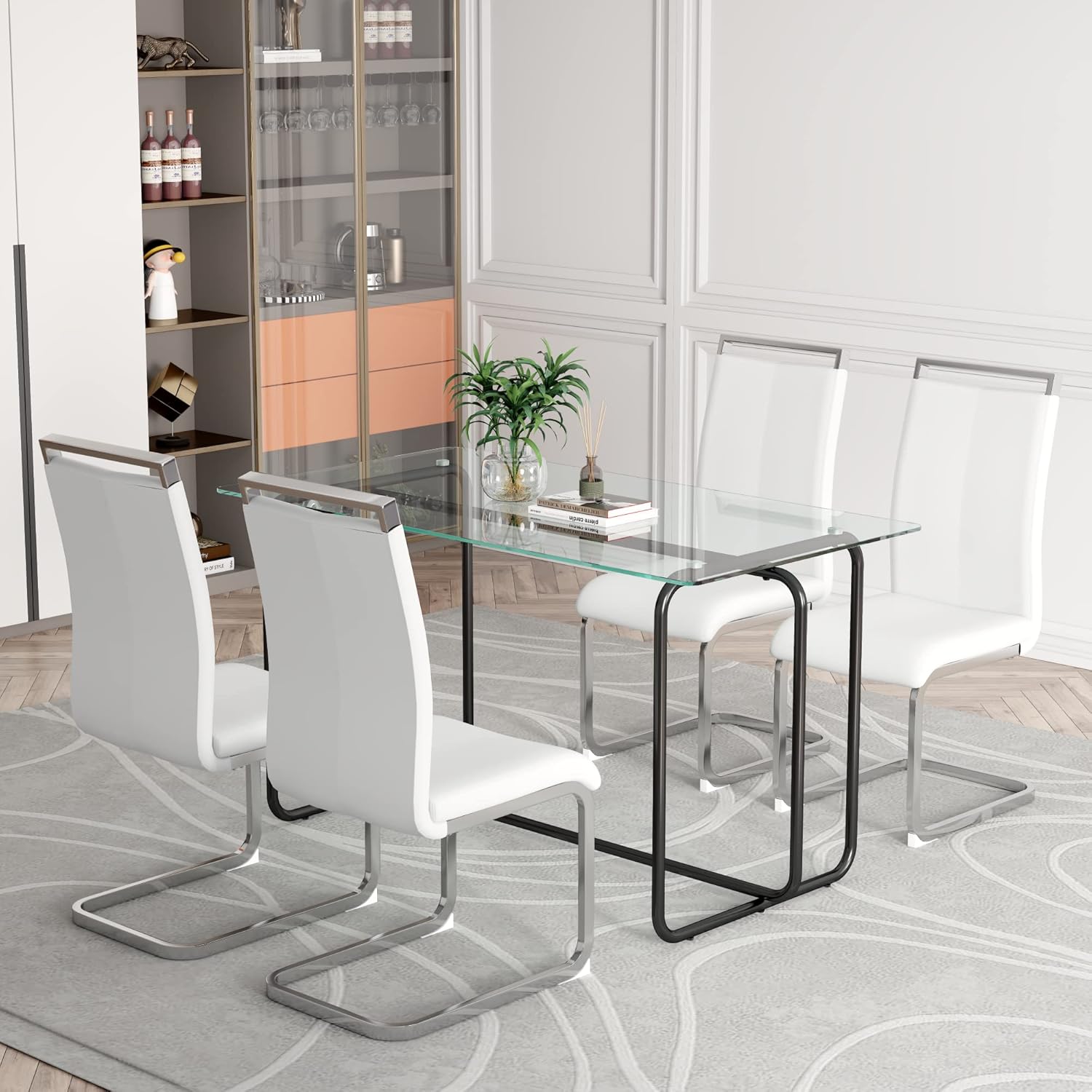 Modern Glass Dining Table Set for 4, Rectangle Tempered