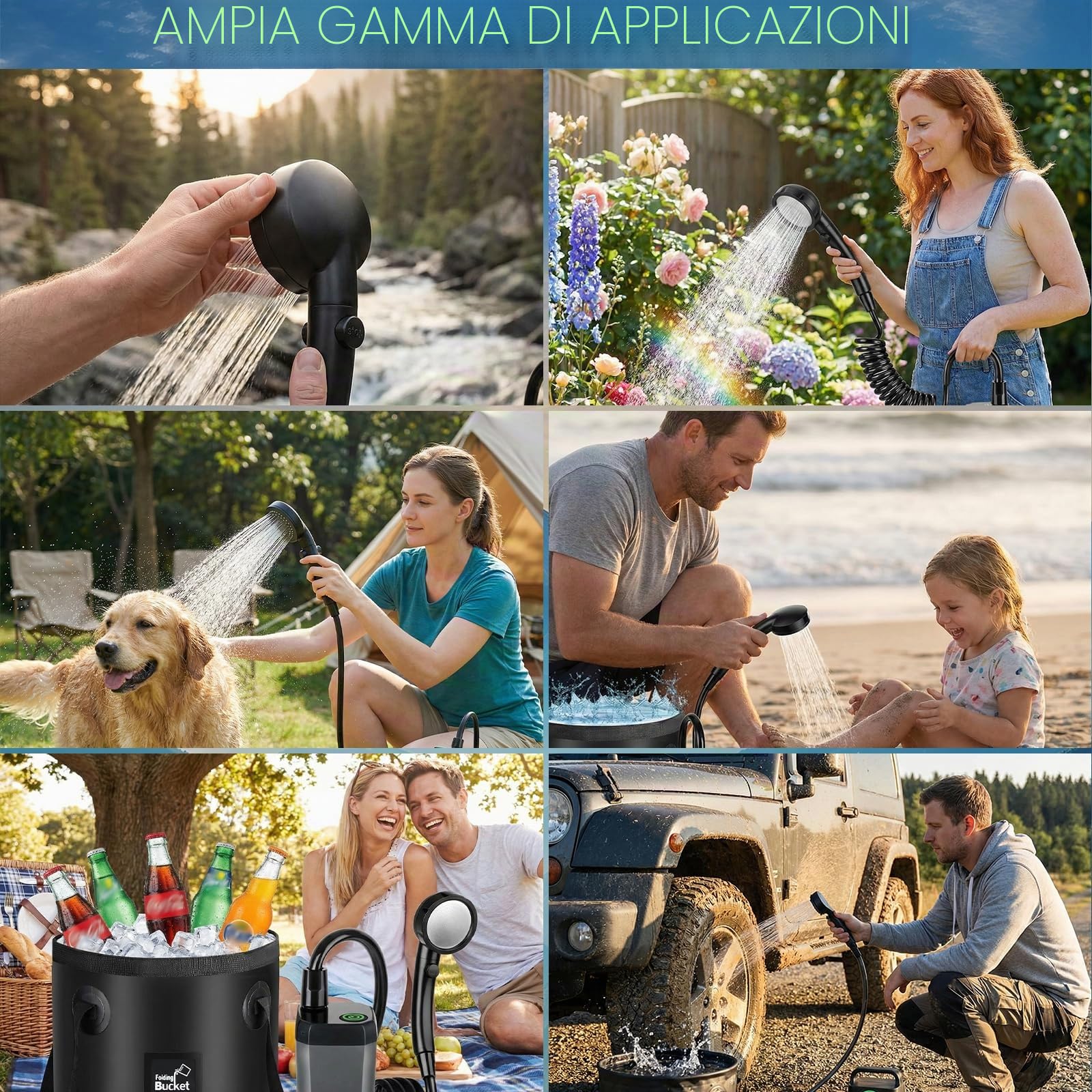 Doccia da Campeggio con Secchio Pieghevole 20L, 6000 mAh Doccia Ricaricabile Portatile con Doppio Display Digitale e Temperatura, Impermeabile IPX7 Doccia Esterna per Spiaggia, Auto, Animali, Giardino