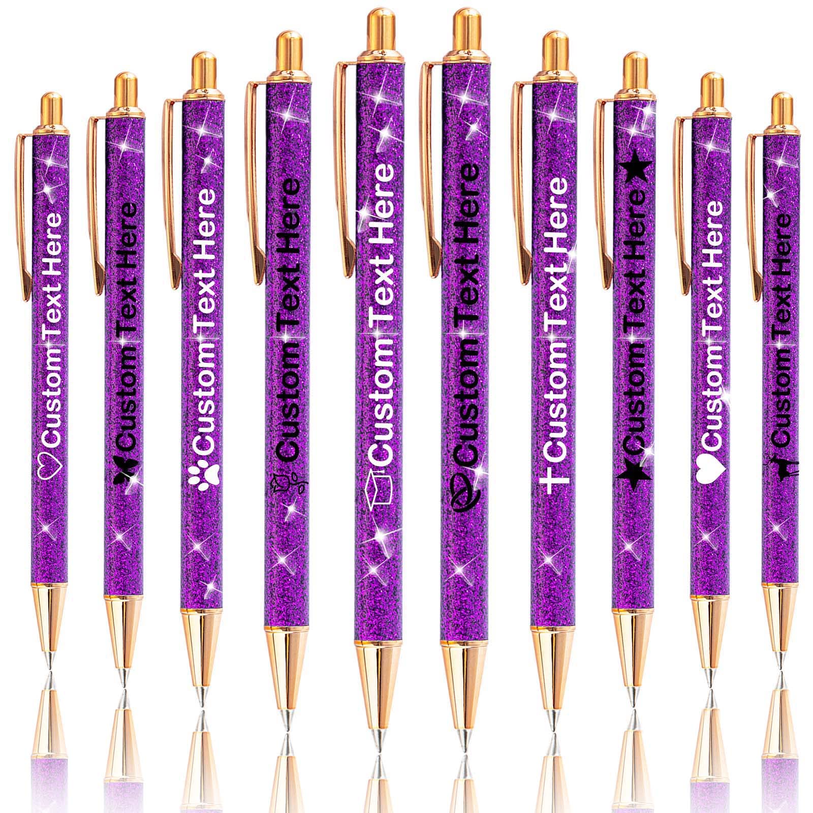 Xiuyours Personalised Pens for Women Custom Glitter Pen with Name Logo Imprinted, 10 Customised Sparkly Bling Ballpoint Pen Gift for Wedding Birthday Office Graduation, Violet