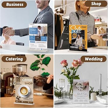 Viymgit A4 Acrylic Sign Holder, 8 Pack Clear Double-Side Table Perspex Display Stand, Plastic Vertical T-Shape Menu Poster Holder for Restaurant, Office, Exhibition, Store