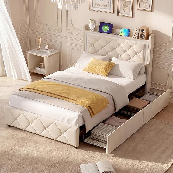Single Storage Bed Frame 90 x 190 cm, Velvet Bed with 2 Side Drawers, LED Headboard with USB Charging, Tufted Headboard & Footboard, Slatted Base, Beige