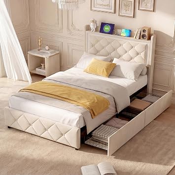 Single Storage Bed Frame 90 x 190 cm, Velvet Bed with 2 Side Drawers, LED Headboard with USB Charging, Tufted Headboard & Footboard, Slatted Base, Beige