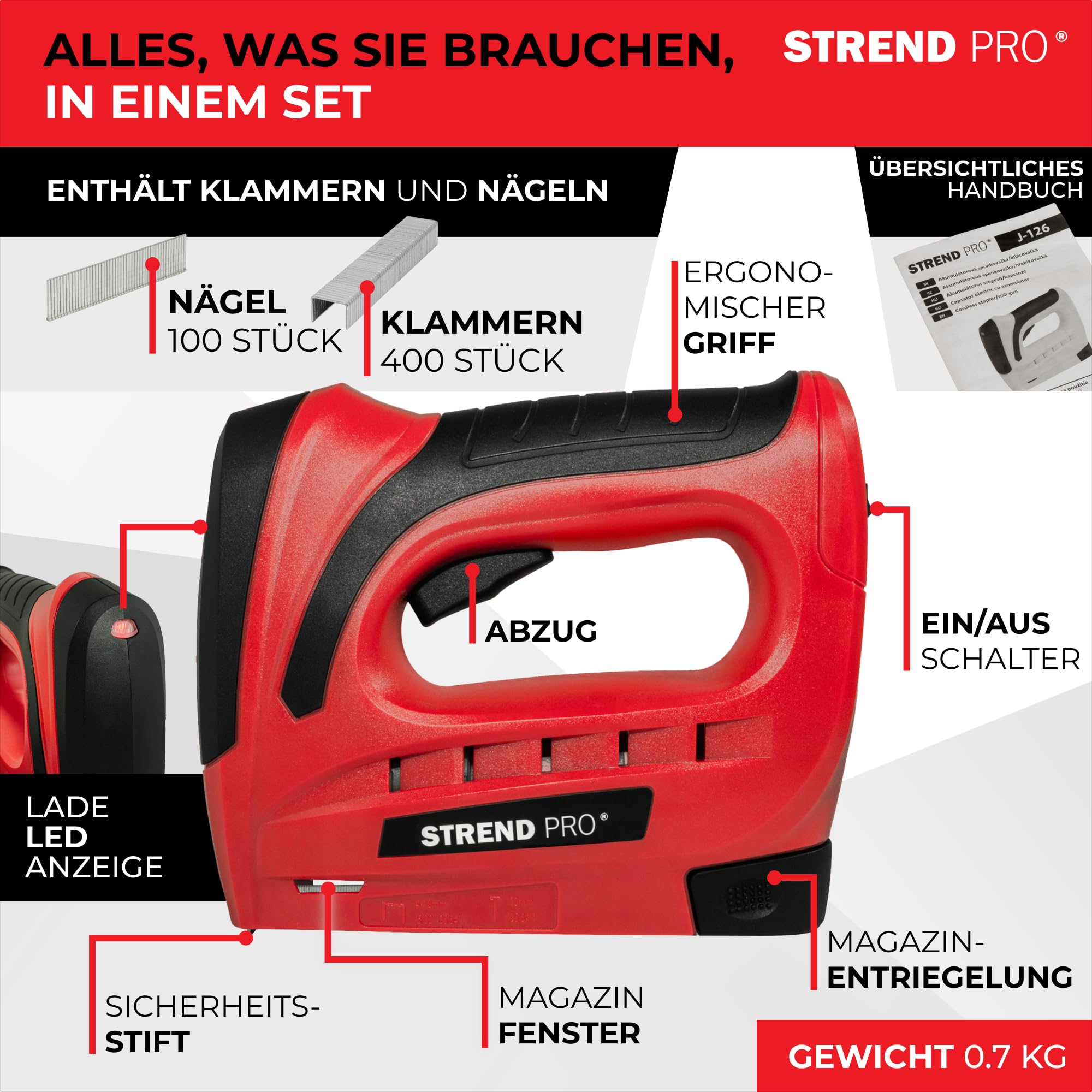 STREND PRO Akku Tacker 1,5Ah Tackerpistole Klammern Typ 53 (4-10 mm) Nägel Typ C1 (10mm) inkl. 400 Klammern 100 Nägel
