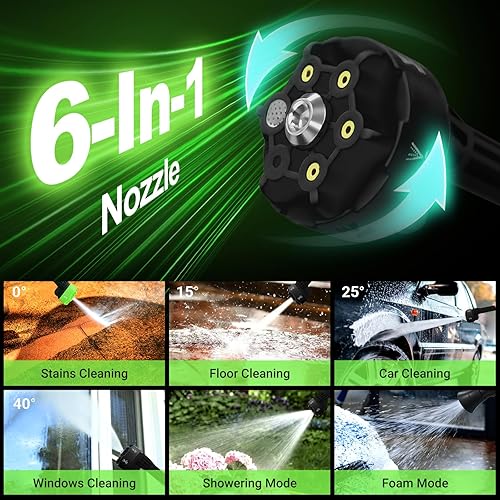 Miniatura 2 de Lavadora a presión inalámbrica de 1000 PSI, 21 V 4.0 Ah con motor sin escobillas con boquilla 6 en 1, presión de 9 engranajes, adaptador de grifo