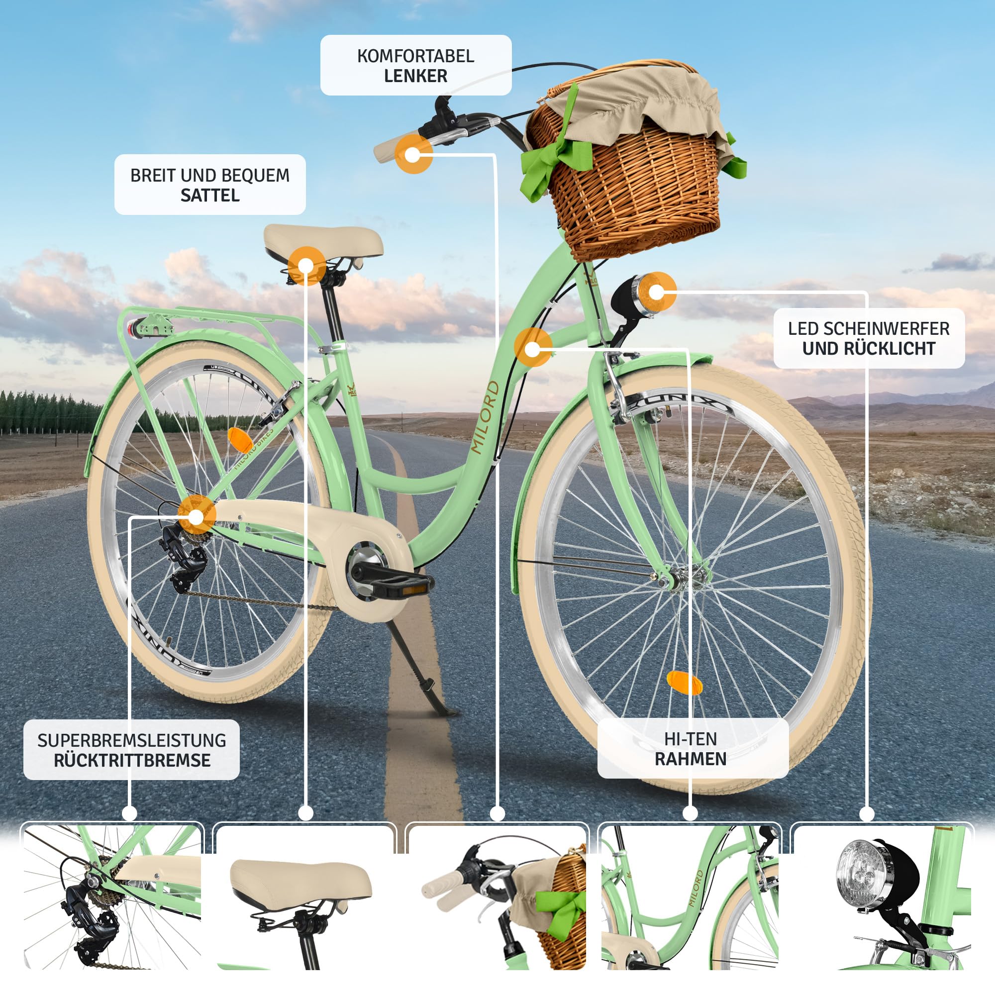 Milord Komfort Fahrrad mit Weidenkorb, Hollandrad, Damenfahrrad, Citybike, Vintage, 28 Zoll, Mintze-Creme, 7-Gang Sport & Freizeit